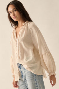 Poetic Soul Buttoned Jacquard Tie-Neck Peasant Top - ShopPromesa