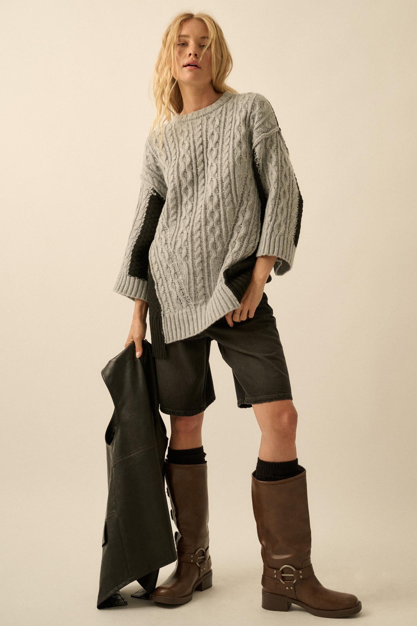 So Together Colorblock Cable Knit Oversize Sweater