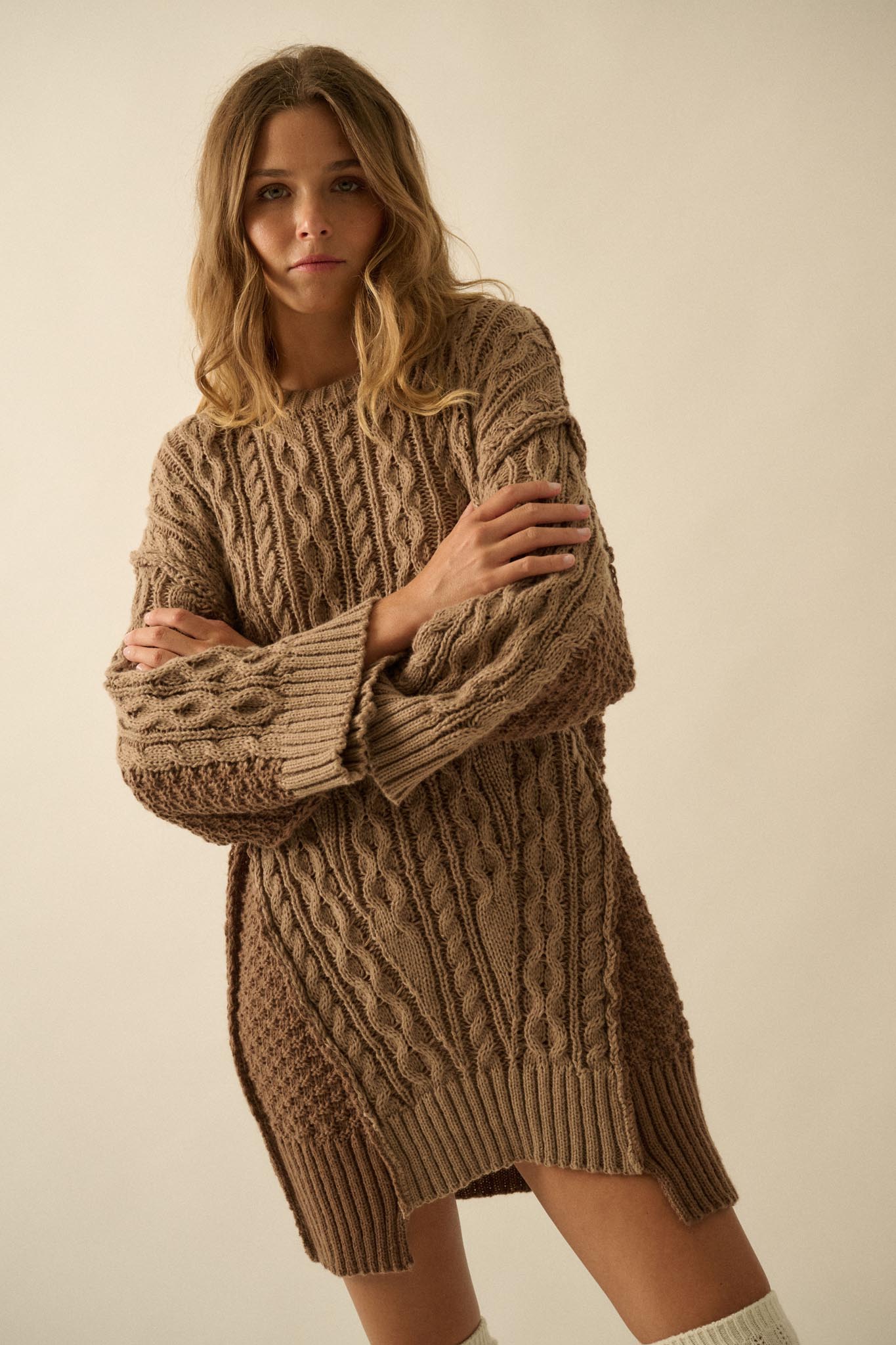 So Together Colorblock Cable Knit Oversize Sweater