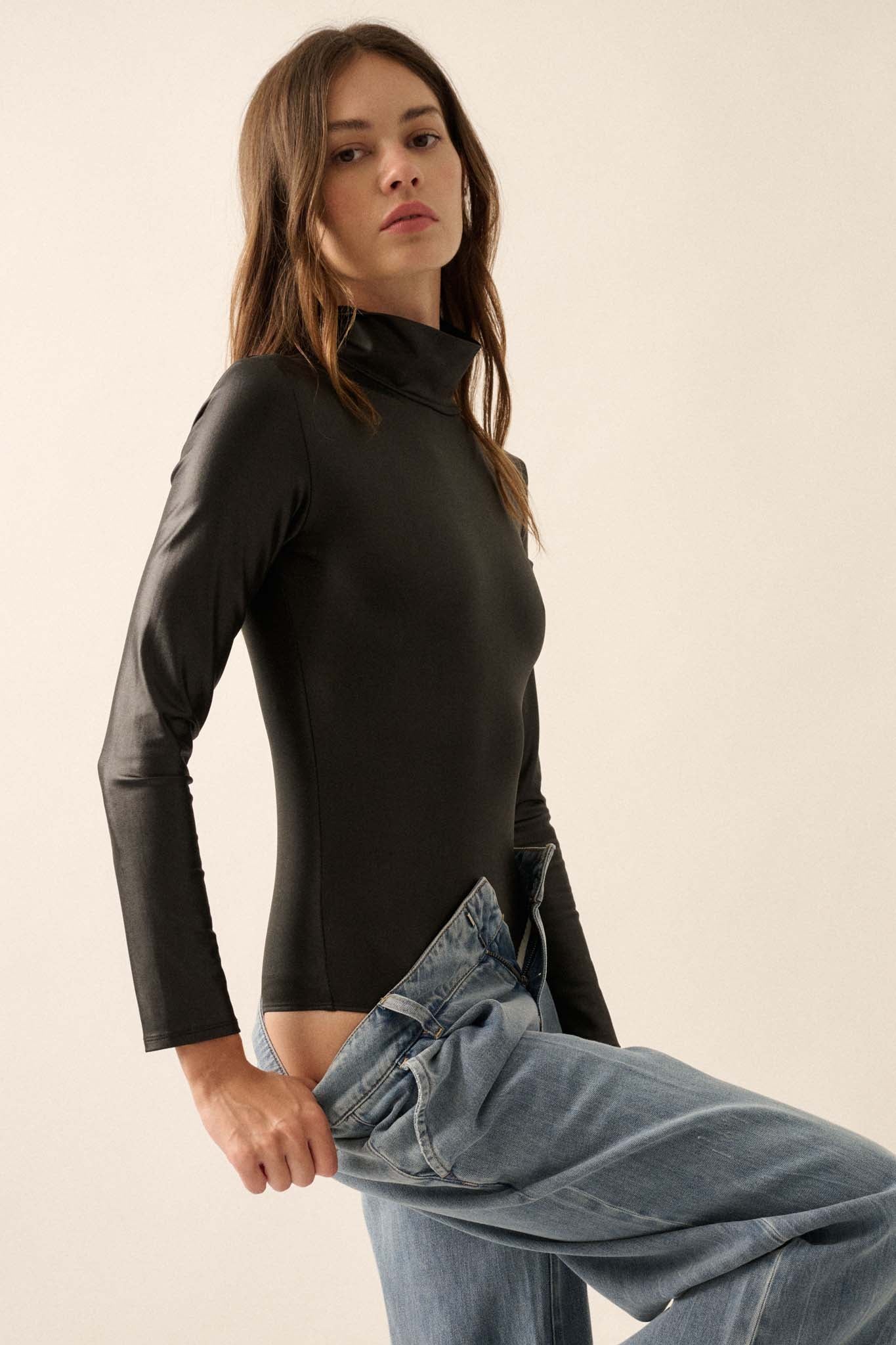 Sleek Attack Liquid Leather Mock-Neck Bodysuit - ShopPromesa