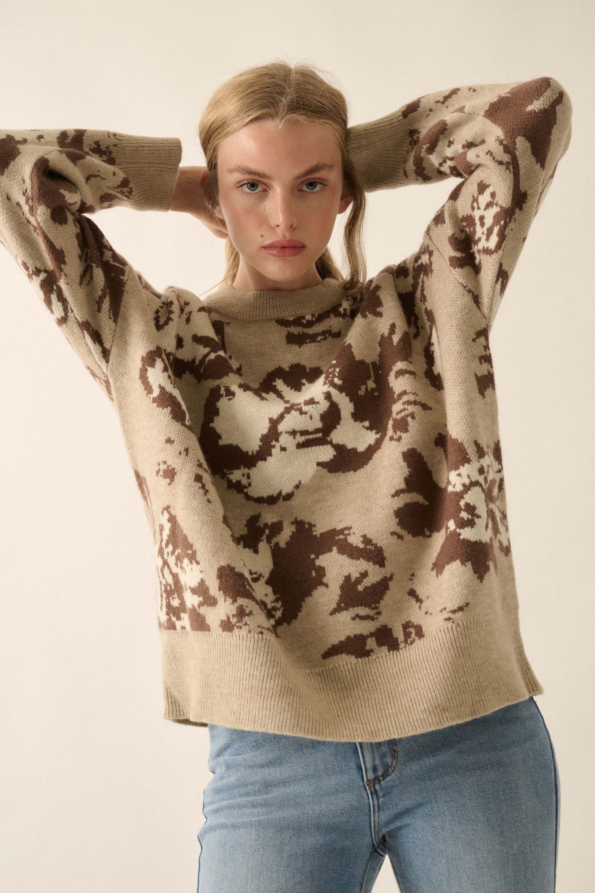 Cuddly Blossoms Oversize Floral Jacquard Sweater - ShopPromesa