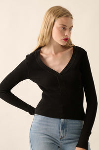 Shaper Fit Rib-Knit Split-Neck Long-Sleeve Top - ShopPromesa