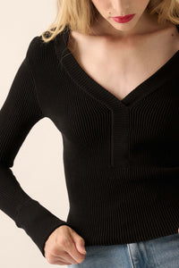 Shaper Fit Rib-Knit Split-Neck Long-Sleeve Top - ShopPromesa