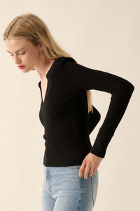 Shaper Fit Rib-Knit Split-Neck Long-Sleeve Top - ShopPromesa