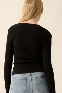 Shaper Fit Rib-Knit Split-Neck Long-Sleeve Top - ShopPromesa