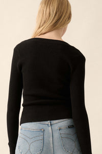 Shaper Fit Rib-Knit Split-Neck Long-Sleeve Top - ShopPromesa