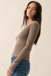 Shaper Fit Rib-Knit Split-Neck Long-Sleeve Top - ShopPromesa