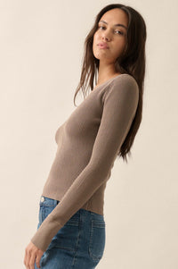 Shaper Fit Rib-Knit Split-Neck Long-Sleeve Top - ShopPromesa