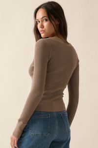 Shaper Fit Rib-Knit Split-Neck Long-Sleeve Top - ShopPromesa