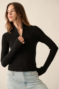 Shaper Fit Rib-Knit Half-Zip Thumbhole Top - ShopPromesa