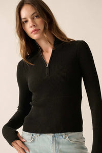 Shaper Fit Rib-Knit Half-Zip Thumbhole Top - ShopPromesa