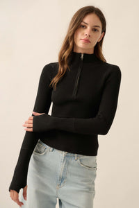 Shaper Fit Rib-Knit Half-Zip Thumbhole Top - ShopPromesa