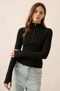 Shaper Fit Rib-Knit Half-Zip Thumbhole Top - ShopPromesa