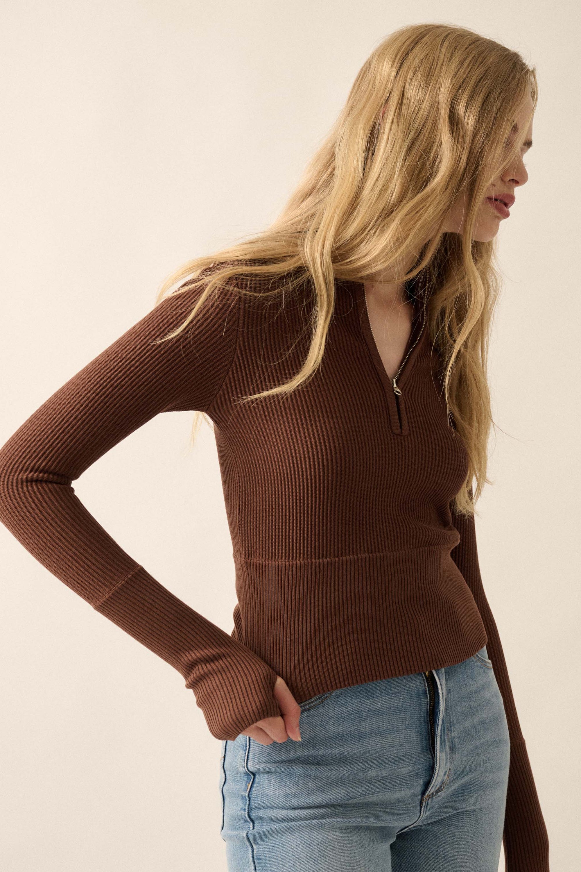 Shaper Fit Rib-Knit Half-Zip Thumbhole Top - ShopPromesa