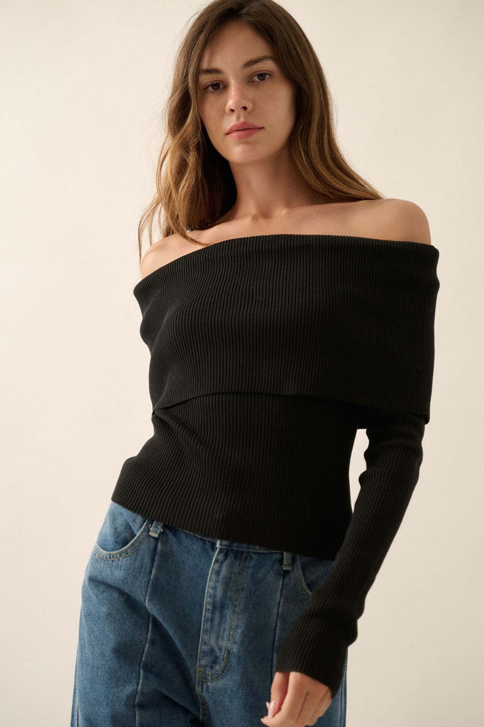 Shaper Fit Rib-Knit Off-Shoulder Foldover Top - ShopPromesa