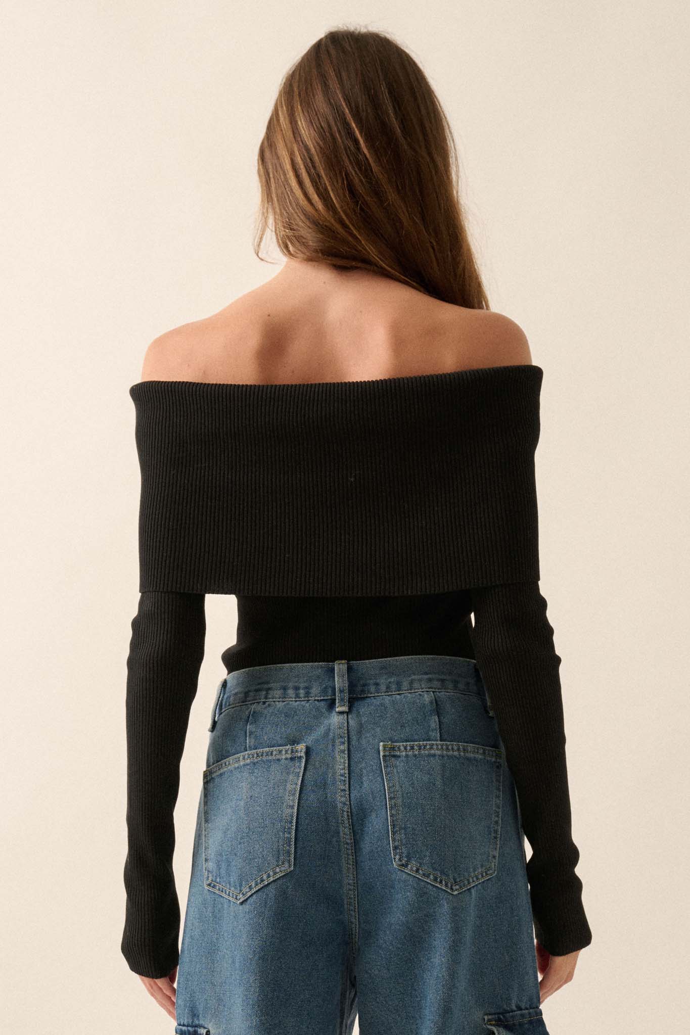 Shaper Fit Rib-Knit Off-Shoulder Foldover Top - ShopPromesa