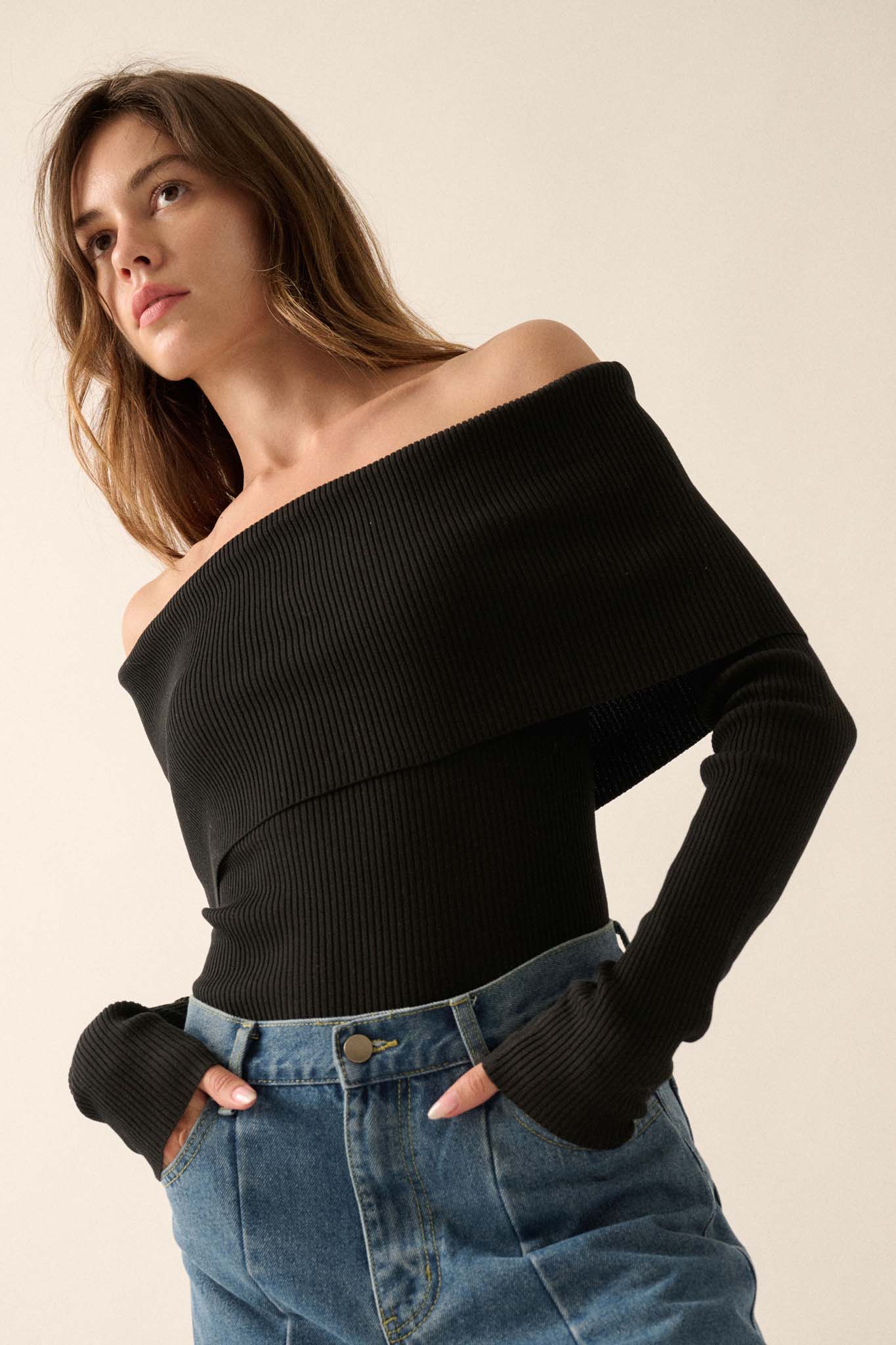 Shaper Fit Rib-Knit Off-Shoulder Foldover Top - ShopPromesa