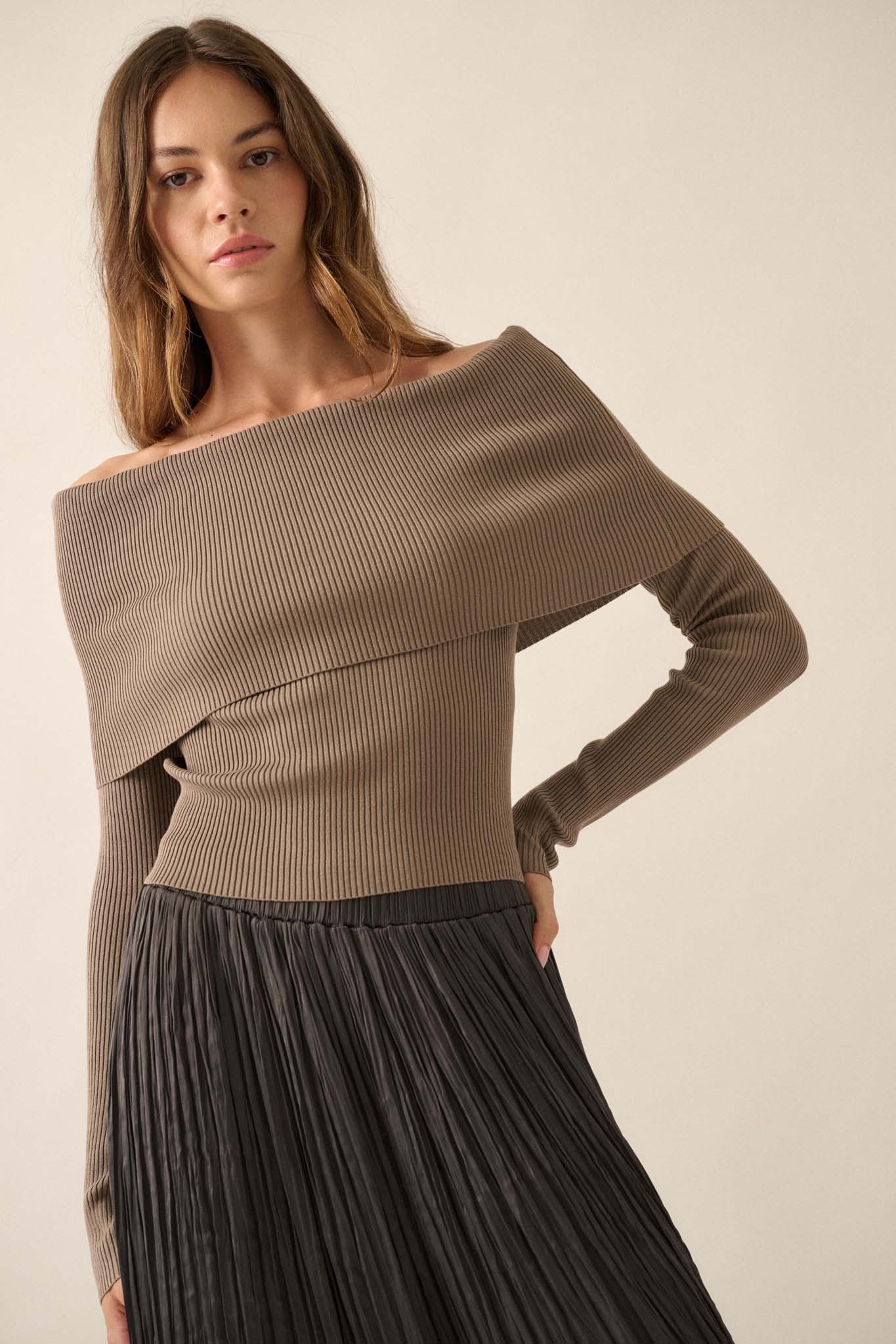 Shaper Fit Rib-Knit Off-Shoulder Foldover Top - ShopPromesa