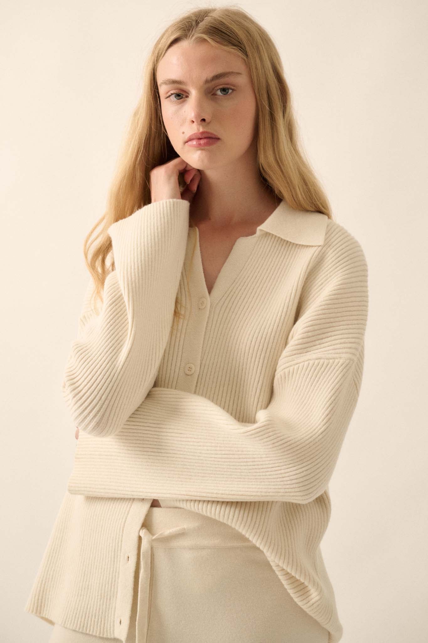 Gentle Soul Rib-Knit Collared Button-Up Cardigan - ShopPromesa