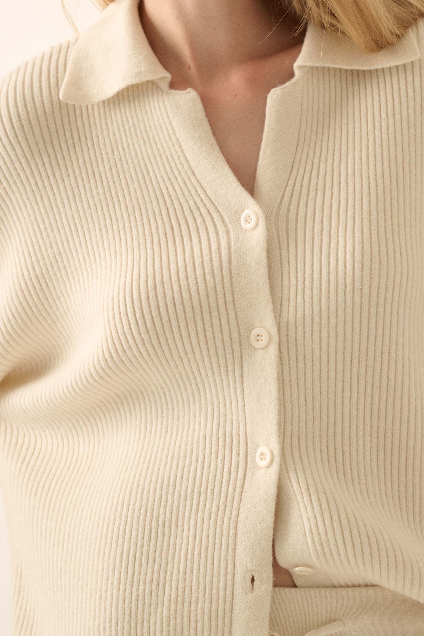 Gentle Soul Rib-Knit Collared Button-Up Cardigan - ShopPromesa