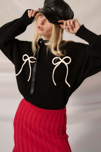 Tied and True Ribbed Knit Yarn Bow Sweater - ShopPromesa