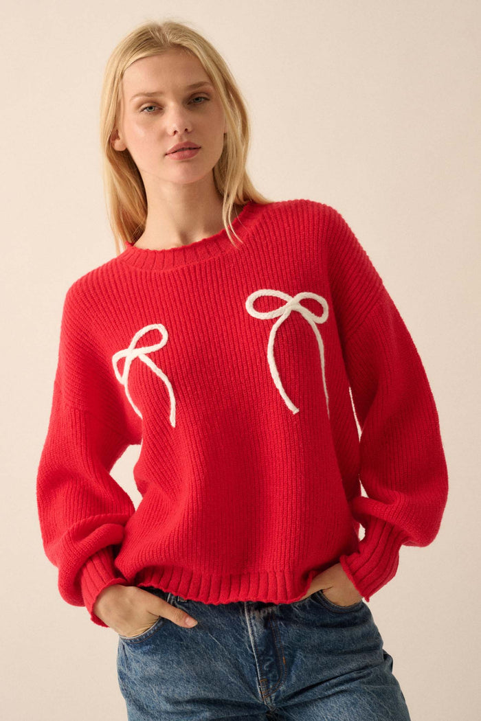 Tied and True Ribbed Knit Yarn Bow Sweater - ShopPromesa