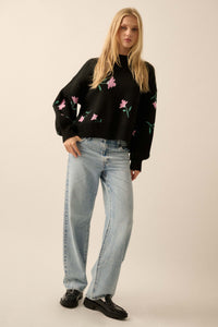 Plush Garden Floral Jacquard Bubble-Sleeve Sweater - ShopPromesa