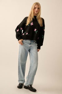 Plush Garden Floral Jacquard Bubble-Sleeve Sweater - ShopPromesa