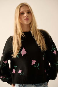 Plush Garden Floral Jacquard Bubble-Sleeve Sweater - ShopPromesa