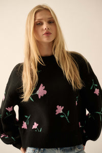 Plush Garden Floral Jacquard Bubble-Sleeve Sweater - ShopPromesa