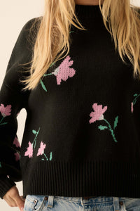 Plush Garden Floral Jacquard Bubble-Sleeve Sweater - ShopPromesa