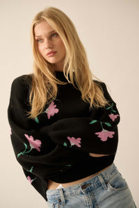 Plush Garden Floral Jacquard Bubble-Sleeve Sweater - ShopPromesa