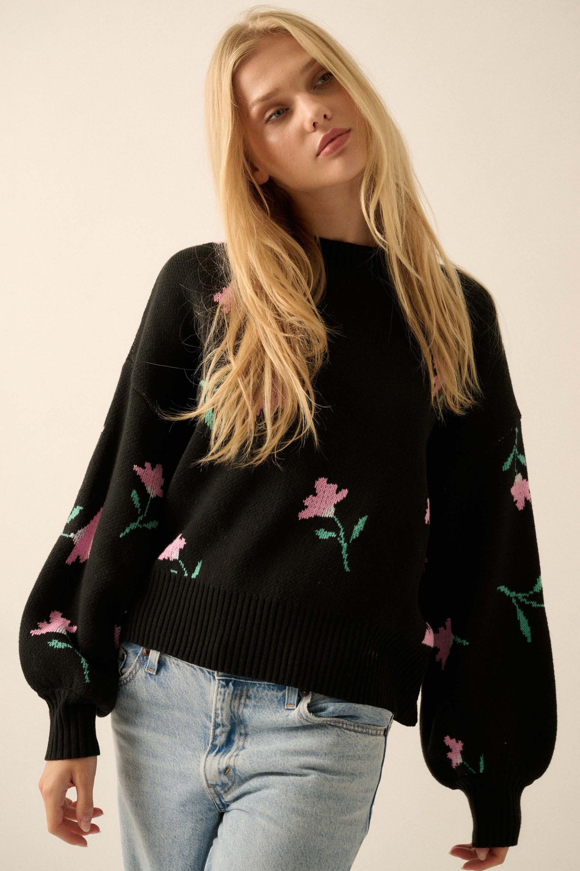 Plush Garden Floral Jacquard Bubble-Sleeve Sweater - ShopPromesa