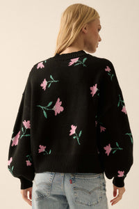 Plush Garden Floral Jacquard Bubble-Sleeve Sweater - ShopPromesa