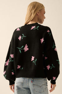 Plush Garden Floral Jacquard Bubble-Sleeve Sweater - ShopPromesa