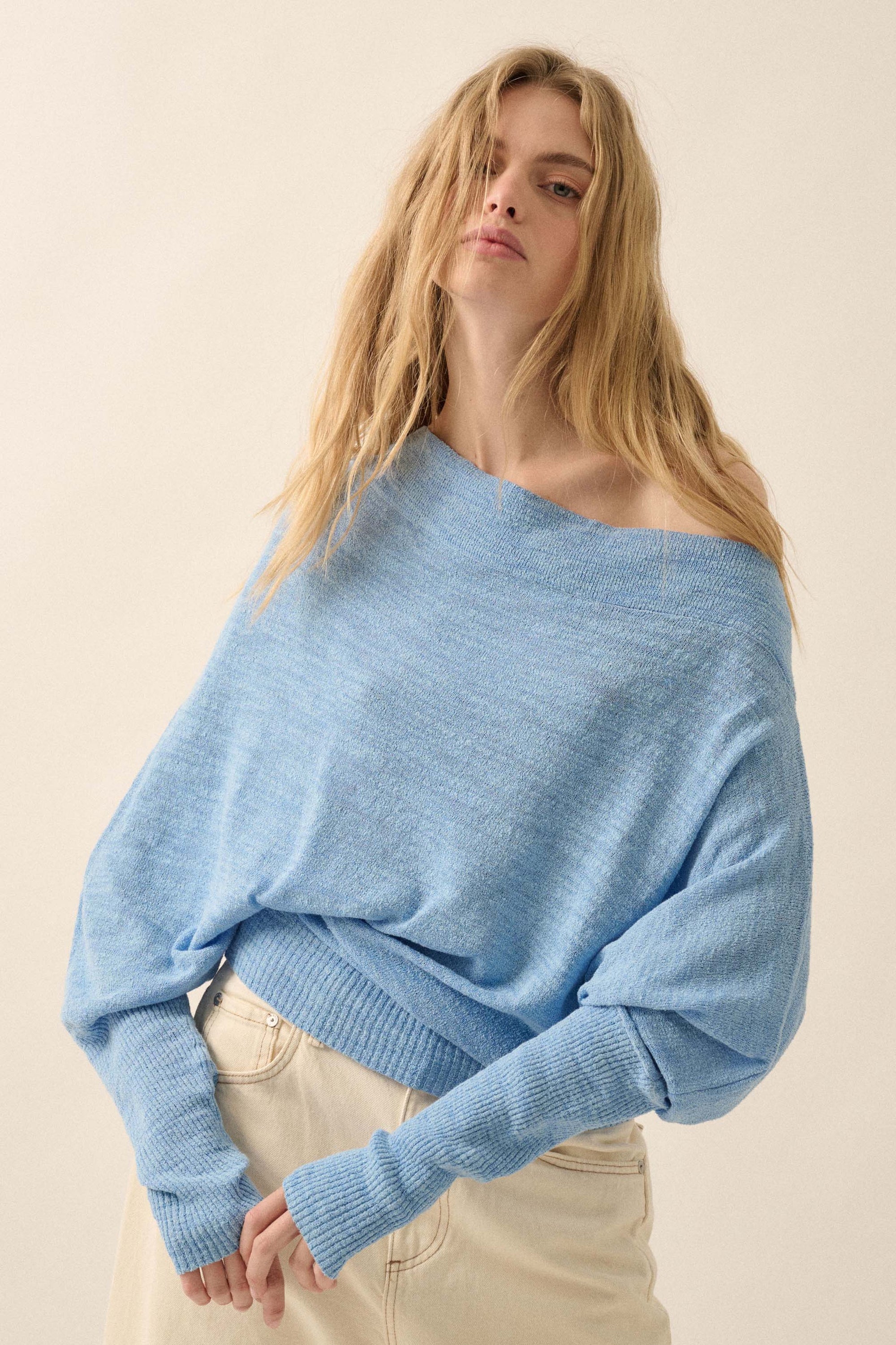 Too Blessed One-Shoulder Slub-Knit Dolman Sweater - ShopPromesa