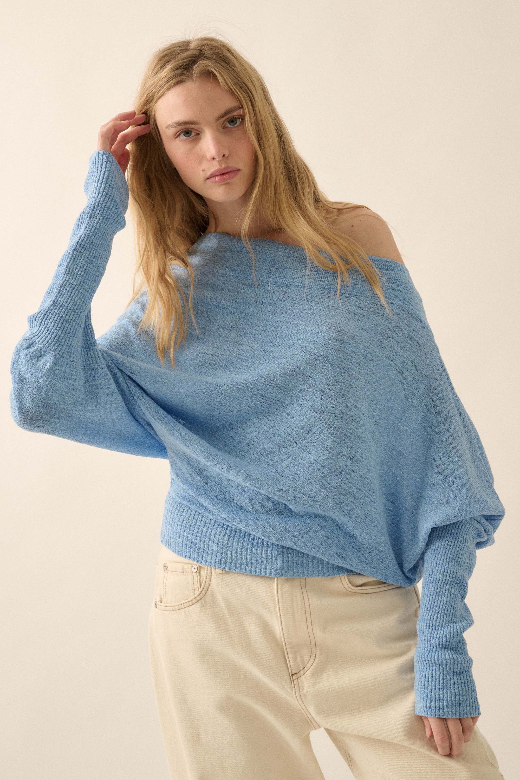 Too Blessed One-Shoulder Slub-Knit Dolman Sweater - ShopPromesa