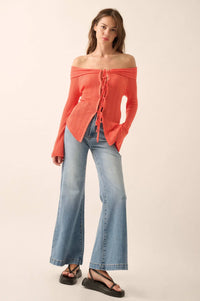 Dear Diary Off-Shoulder Tie-Front Cardigan - ShopPromesa