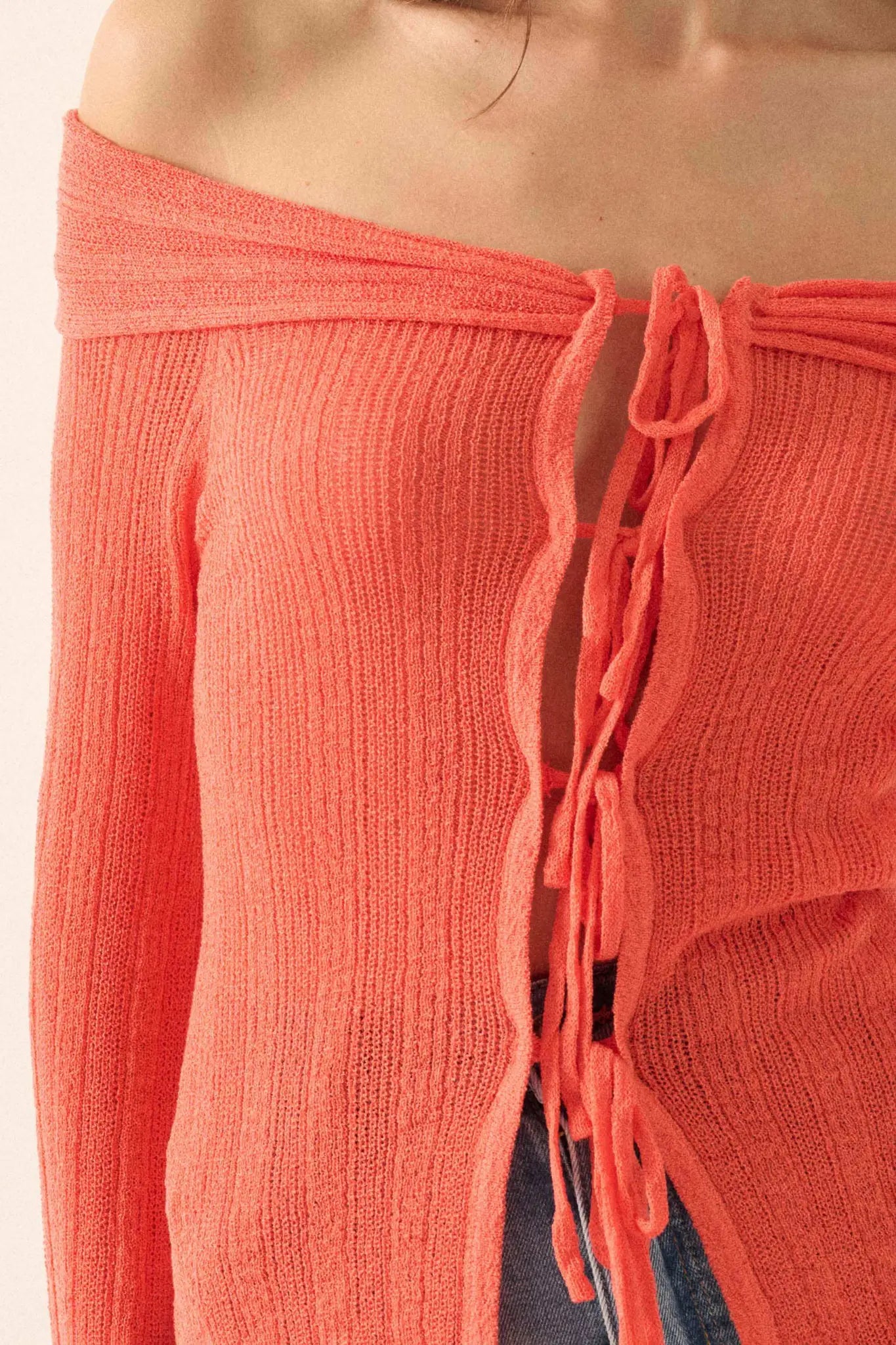 Dear Diary Off-Shoulder Tie-Front Cardigan - ShopPromesa