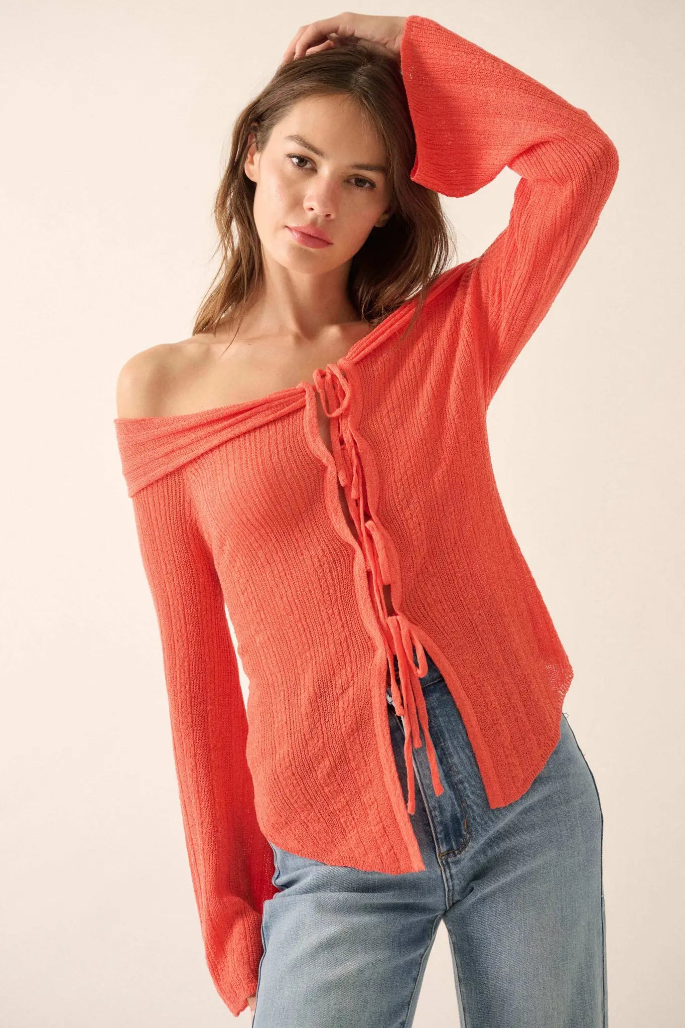 Dear Diary Off-Shoulder Tie-Front Cardigan - ShopPromesa