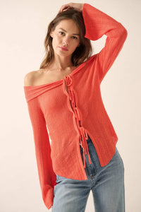 Dear Diary Off-Shoulder Tie-Front Cardigan - ShopPromesa