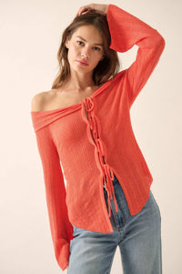 Dear Diary Off-Shoulder Tie-Front Cardigan - ShopPromesa