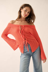 Dear Diary Off-Shoulder Tie-Front Cardigan - ShopPromesa
