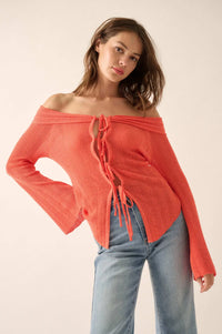 Dear Diary Off-Shoulder Tie-Front Cardigan - ShopPromesa