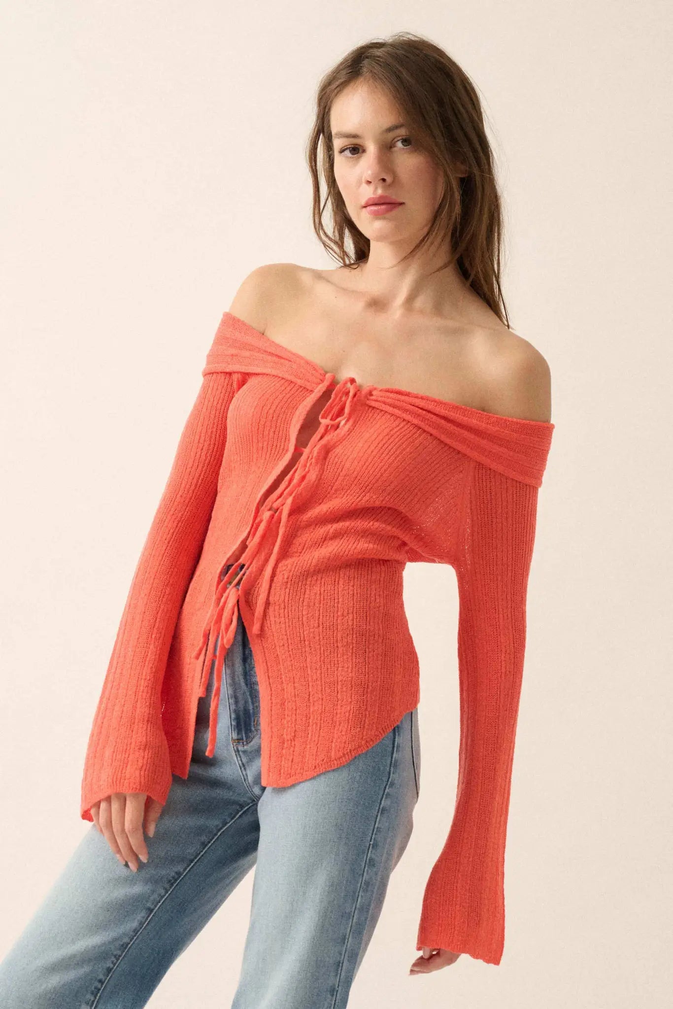 Dear Diary Off-Shoulder Tie-Front Cardigan - ShopPromesa