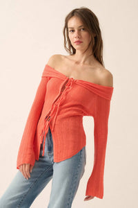 Dear Diary Off-Shoulder Tie-Front Cardigan - ShopPromesa