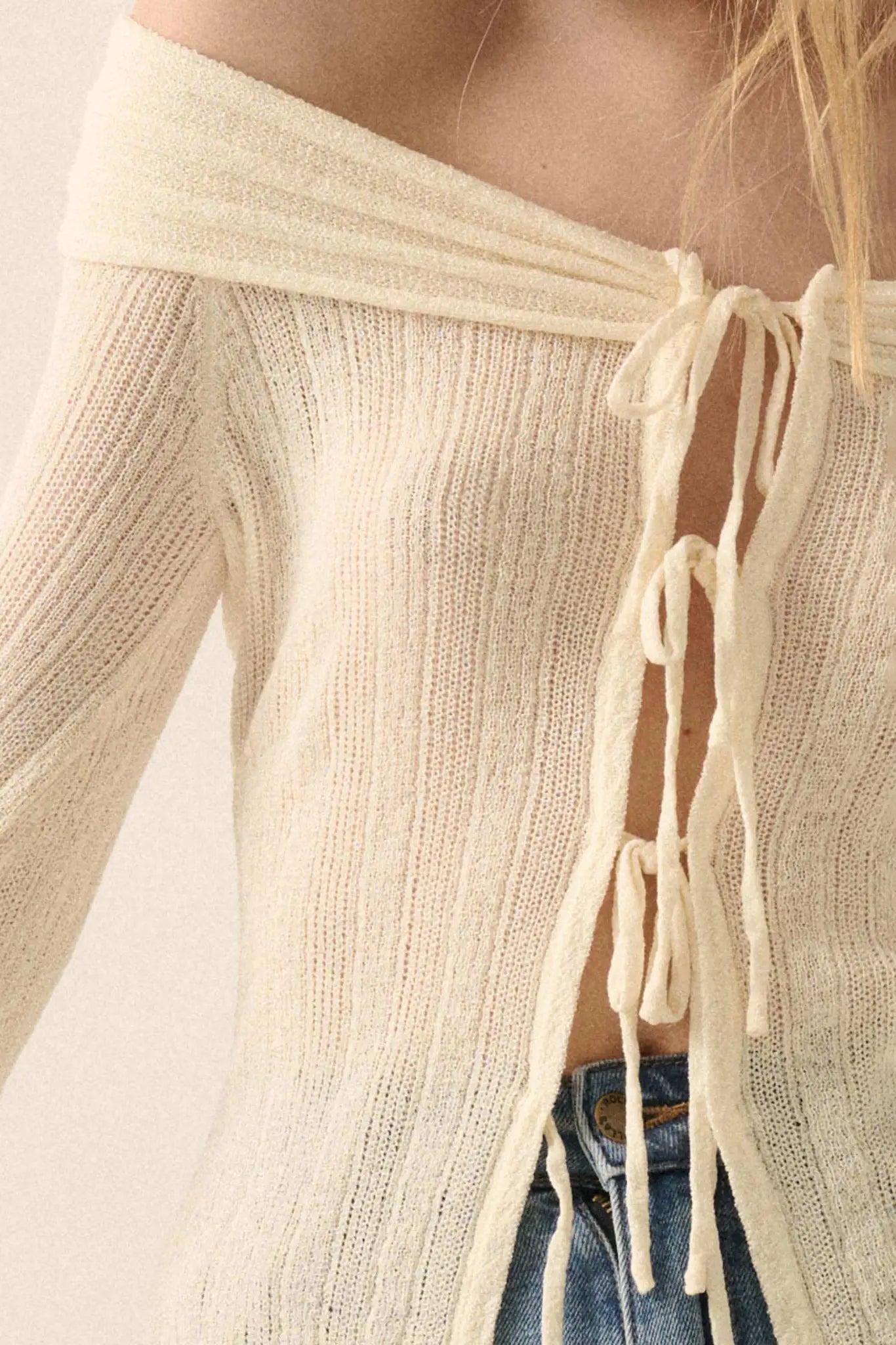 Dear Diary Off-Shoulder Tie-Front Cardigan - ShopPromesa