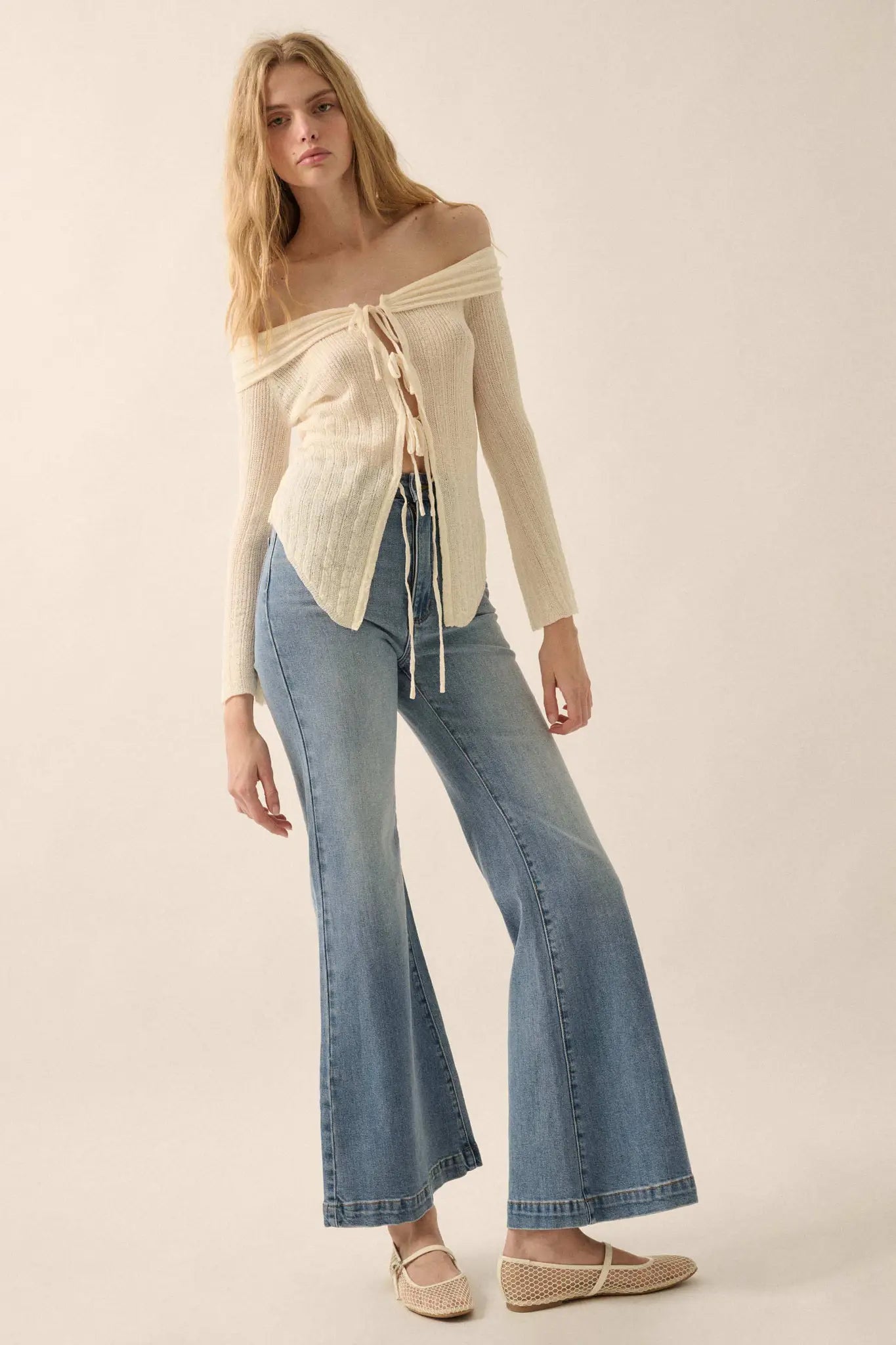 Dear Diary Off-Shoulder Tie-Front Cardigan - ShopPromesa
