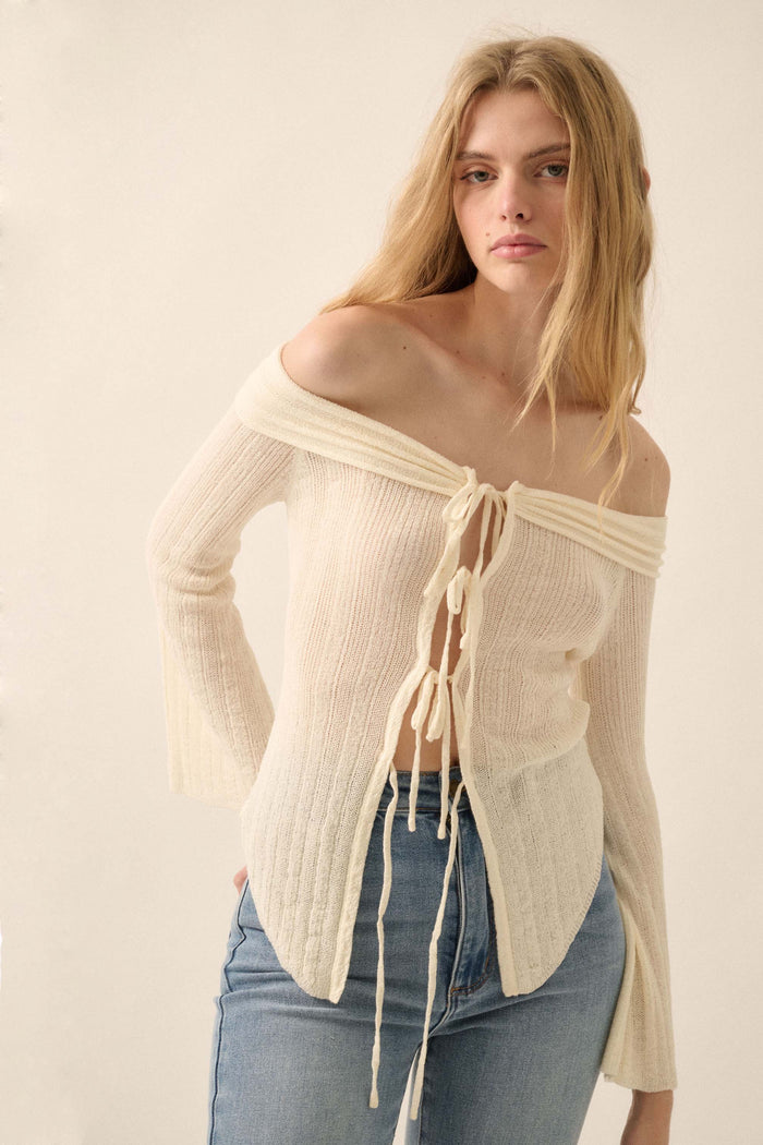 Dear Diary Off-Shoulder Tie-Front Cardigan - ShopPromesa