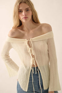 Dear Diary Off-Shoulder Tie-Front Cardigan - ShopPromesa